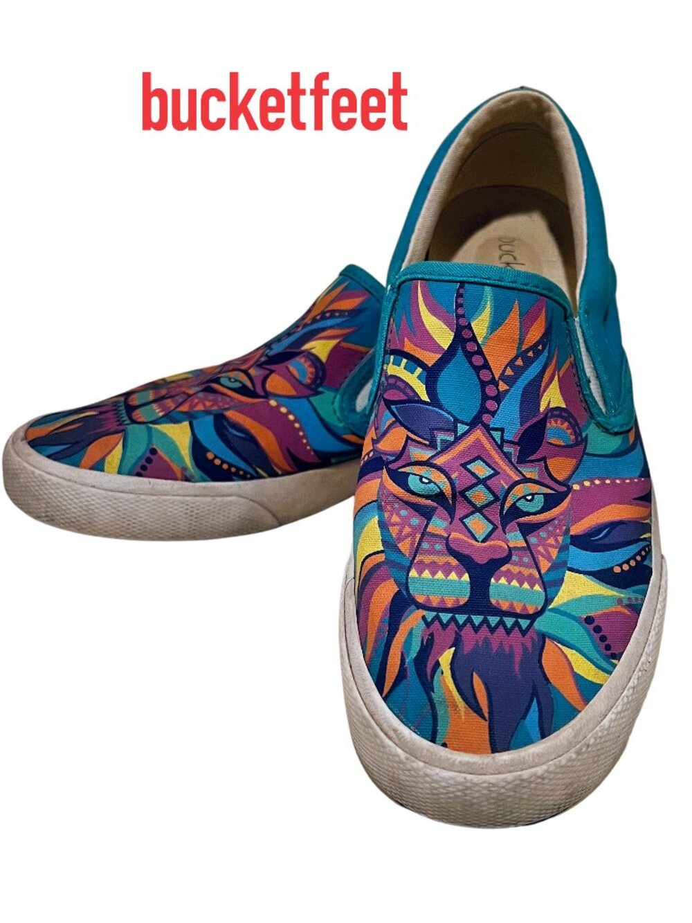 RARE Bucket Feet Turquoise Abstract Lion, Sz. 7.5, EUC